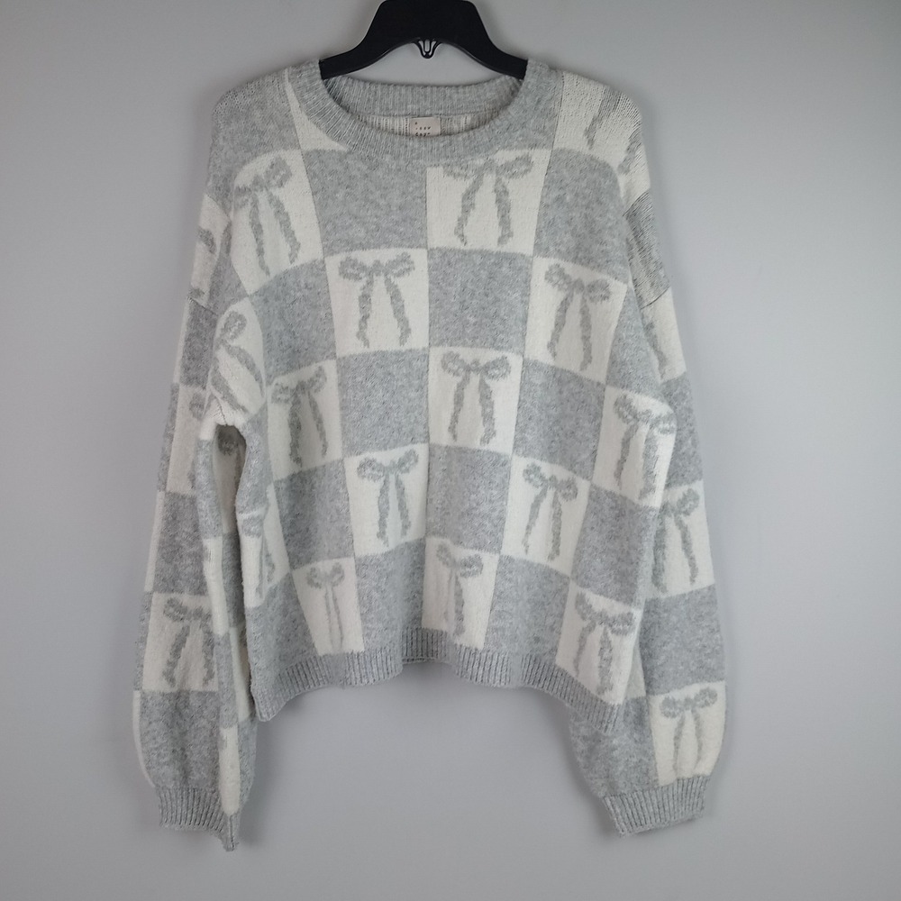 A New Day Womens XL Gray White Bow Checkered Knit Coquette Pullover Crew Sweater